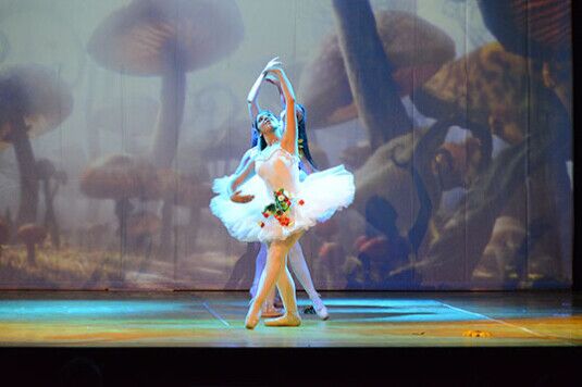 Ballerina di danza classica esegue una posa elegante durante lo spettacolo "Alice nel Paese delle Meraviglie", rappresentazione del Centro di Produzione Danza e Recitazione Viterbo